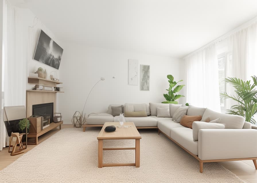  Living Room, Cozy, comfortable, family time, relaxation, entertainment, decor, furniture, lighting The room depicted in the image exhibits a minimalist and contemporary living room theme, emphasizing clean lines and neutral tones. Contemporary minimalist living room with a white sectional sofa, wooden accent chairs, geometric rug, and large leaf artwork. minimalist, contemporary, living room, white sectional sofa, wooden accent chairs, geometric rug, large leaf artwork earhty colors