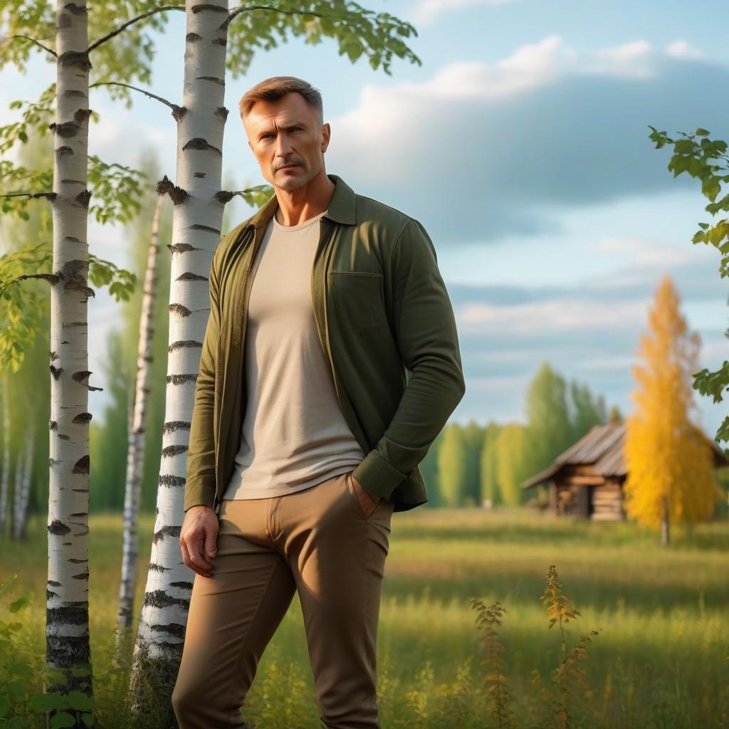  cinematic photo Sergey Esenin in t shirt standing near the birch, russian village background . 35mm photograph, film, bokeh, professional, 4k, highly detailed hyperrealistic, full body, detailed clothing, highly detailed, cinematic lighting, stunningly beautiful, intricate, sharp focus, f/1. 8, 85mm, (centered image composition), (professionally color graded), ((bright soft diffused light)), volumetric fog, trending on instagram, trending on tumblr, HDR 4K, 8K