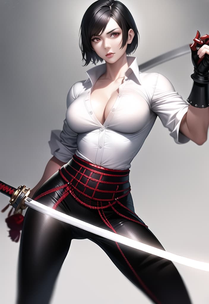  black hair, very short hair, woman, older sister, mature, white dress shirt, red corset, black leather pants, long Japanese sword, muscular, accurate eyes, accurate hands, Japanese armor on shoulders and arms, (Masterpiece, BestQuality:1.3), (ultra detailed:1.2), (hyperrealistic:1.3), (RAW photo:1.2),High detail RAW color photo, professional photograph, (Photorealistic:1.4), (realistic:1.4), ,professional lighting, (japanese), beautiful face, (realistic face)