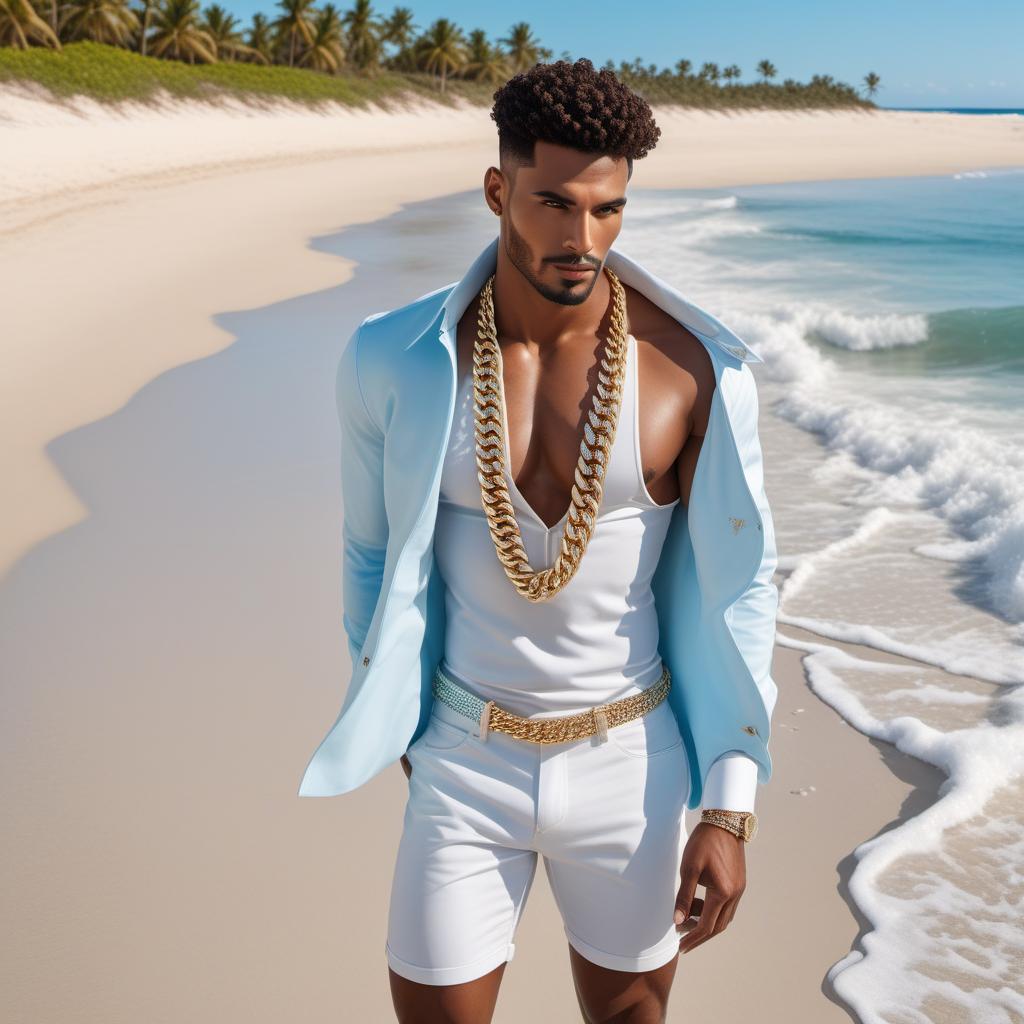  A stylish male model standing on a picturesque beach. He's wearing a diamond-clustered Cuban link chain, which glistens in the sunlight. The beach has golden sands and gentle blue waves, while the sky is clear with a few scattered white clouds. The model is dressed in a trendy yet beach-appropriate outfit. hyperrealistic, full body, detailed clothing, highly detailed, cinematic lighting, stunningly beautiful, intricate, sharp focus, f/1. 8, 85mm, (centered image composition), (professionally color graded), ((bright soft diffused light)), volumetric fog, trending on instagram, trending on tumblr, HDR 4K, 8K