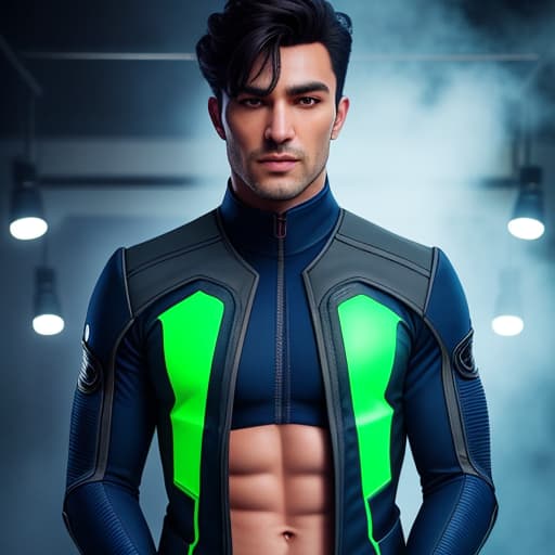  image of a 18 boy wearing thigt a dark blue secret agent costume with green strips and howling wolf design hyperrealistic, full body, detailed clothing, highly detailed, cinematic lighting, stunningly beautiful, intricate, sharp focus, f/1. 8, 85mm, (centered image composition), (professionally color graded), ((bright soft diffused light)), volumetric fog, trending on instagram, trending on tumblr, HDR 4K, 8K