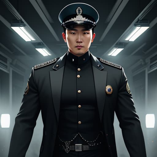  I want a novel cover about a Korean man who works as a policeman during the day and as the leader of a secret organization at night. hyperrealistic, full body, detailed clothing, highly detailed, cinematic lighting, stunningly beautiful, intricate, sharp focus, f/1. 8, 85mm, (centered image composition), (professionally color graded), ((bright soft diffused light)), volumetric fog, trending on instagram, trending on tumblr, HDR 4K, 8K