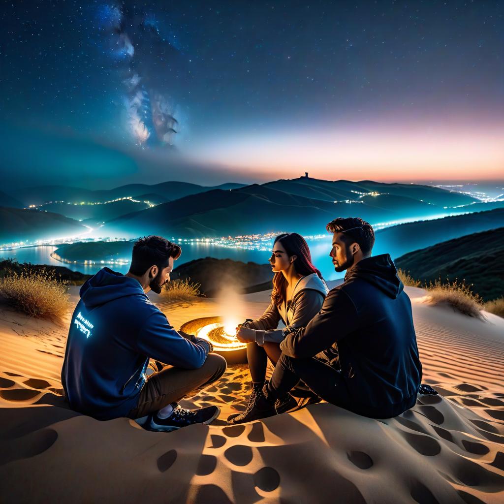  Two guys and a girl are sitting on a sandy hill, the stars are shining brightly at night. hyperrealistic, full body, detailed clothing, highly detailed, cinematic lighting, stunningly beautiful, intricate, sharp focus, f/1. 8, 85mm, (centered image composition), (professionally color graded), ((bright soft diffused light)), volumetric fog, trending on instagram, trending on tumblr, HDR 4K, 8K