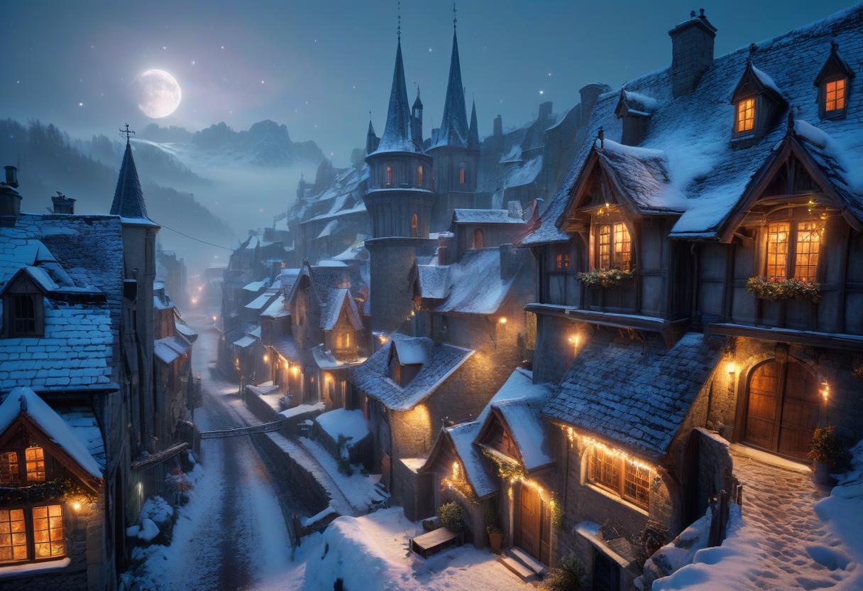  dreamscape No people. A small village in France is covered in snow. In the style of Jean Baptiste Monge, old Gothic stone rickety buildings. Christmas Eve. Night, a bright star is burning in the sky. Christmas decorations hang on the doors of buildings and lights shine in the windows. Details. Lots of embellishments and small details, detailed look. soft colors, HDR, 4K . surreal, ethereal, dreamy, mysterious, fantasy, highly detailed, GLOWNEON, oil painting hyperrealistic, full body, detailed clothing, highly detailed, cinematic lighting, stunningly beautiful, intricate, sharp focus, f/1. 8, 85mm, (centered image composition), (professionally color graded), ((bright soft diffused light)), volumetric fog, trending on instagram, trending on tumblr, HDR 4K, 8K