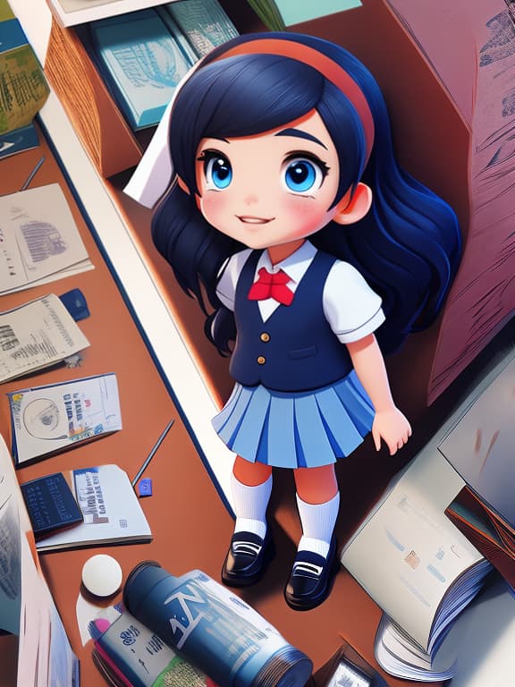  Hair color dark blue, eyes small, slit eyes, black eyes, female, school uniform.