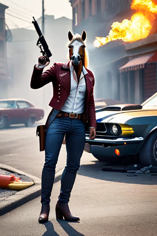  Funny horse holding a gun. Burning cars background hyperrealistic, full body, detailed clothing, highly detailed, cinematic lighting, stunningly beautiful, intricate, sharp focus, f/1. 8, 85mm, (centered image composition), (professionally color graded), ((bright soft diffused light)), volumetric fog, trending on instagram, trending on tumblr, HDR 4K, 8K