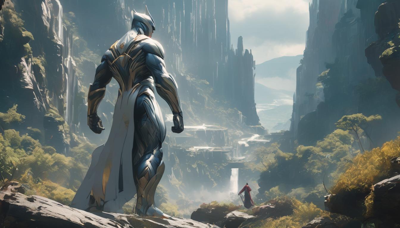  hyperrealism,fantasy aestheticPachacuti using divine strength and wisdom, reshaping mountains, redirecting rivers, revitalizing earth, balanced, transformative, high tech clothing clad in sleek, futuristic costume with metallic accents and form fitting designs, marvel superhero comics style, unreal engine rendering