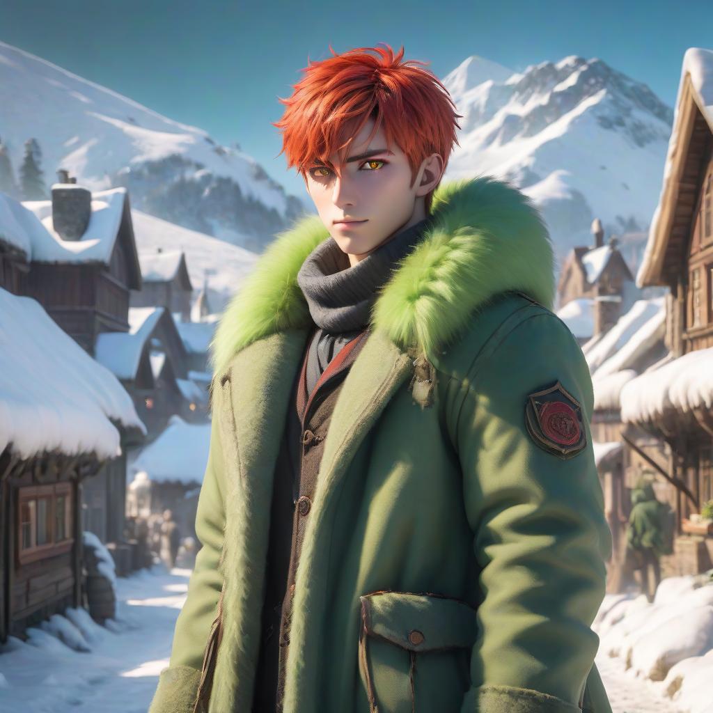  A young man standing against the backdrop of a snow covered village under a bright day. He has one red eye and the other green. He has fair haired, fluffy fur coat. hyperrealistic, full body, detailed clothing, highly detailed, cinematic lighting, stunningly beautiful, intricate, sharp focus, f/1. 8, 85mm, (centered image composition), (professionally color graded), ((bright soft diffused light)), volumetric fog, trending on instagram, trending on tumblr, HDR 4K, 8K