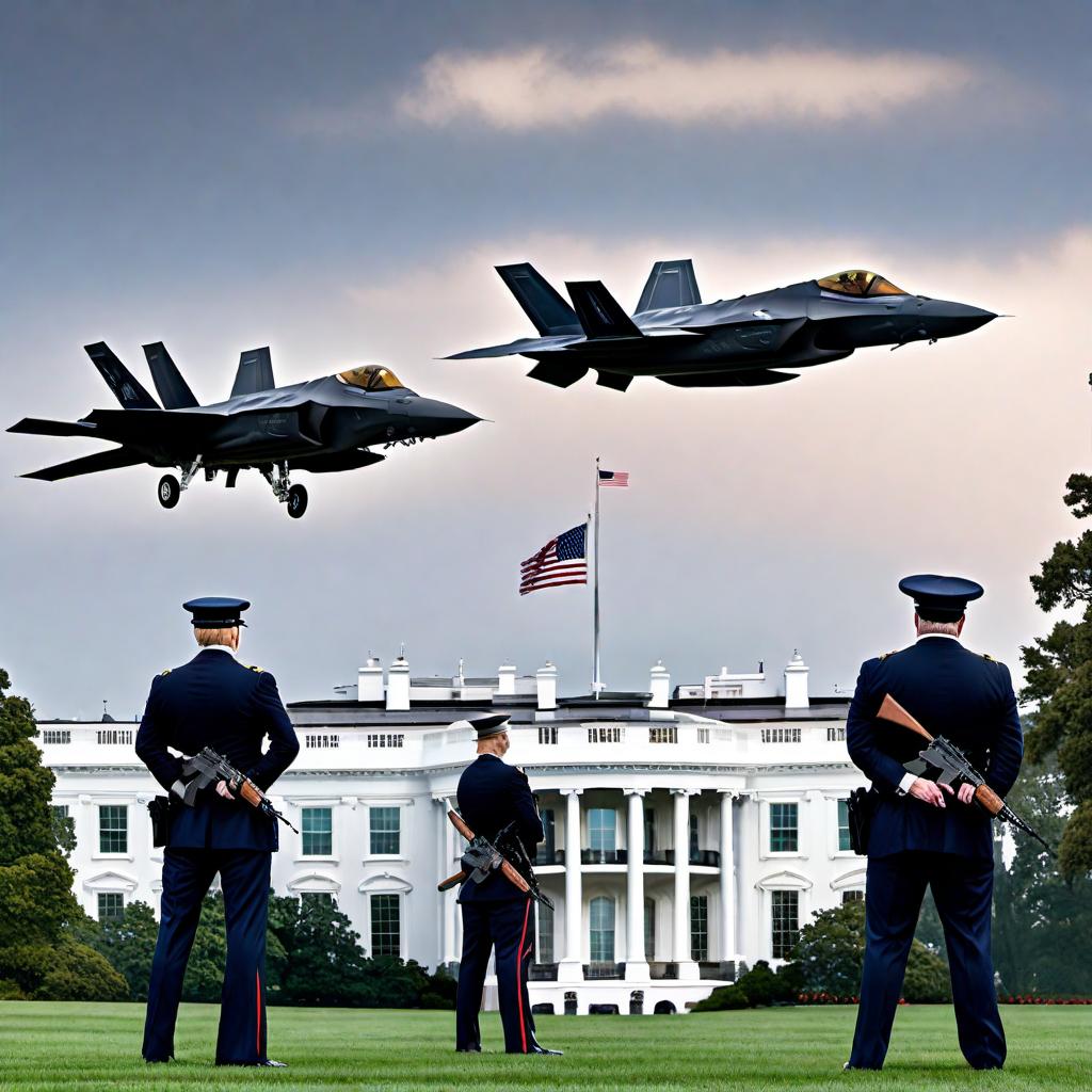  President Trump armed with an AR-15, General Michael Flynn armed with an AR-15 just behind President Trump on his right side, and Representative Tim Byron armed with an AR-15 just behind President Trump on his left side. All three are seen protecting the White House. The United States flag is raised high above the White House with an eagle on top of the flagpole, and two F35s fly above the White House to help Trump, Flynn, and Byron protect it. hyperrealistic, full body, detailed clothing, highly detailed, cinematic lighting, stunningly beautiful, intricate, sharp focus, f/1. 8, 85mm, (centered image composition), (professionally color graded), ((bright soft diffused light)), volumetric fog, trending on instagram, trending on tumblr, HDR 4K, 8K