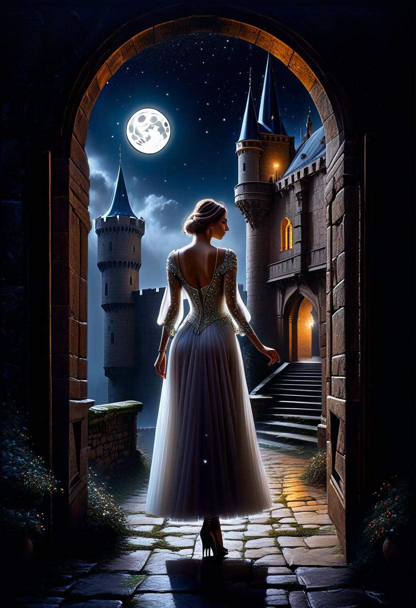  (Masterpiece, acrylic painting: 1.7). Best quality, aesthetic,mesmerise celestial moonlight inside a corridor of medieval majestic castle, detailed architecture, magic winter night, full glowing moon, light from the windows, falling snow and wind, beautiful night landscape, Rococo, surrealism, fairy tale, fantasy. Dynamic and expressive, with a dance of light and glow inspired by Jarek Kubicki huge busy detailed scene. HDR, 4k, vibrant light trail effect on a realistic hyperrealistic, full body, detailed clothing, highly detailed, cinematic lighting, stunningly beautiful, intricate, sharp focus, f/1. 8, 85mm, (centered image composition), (professionally color graded), ((bright soft diffused light)), volumetric fog, trending on instagram, trending on tumblr, HDR 4K, 8K