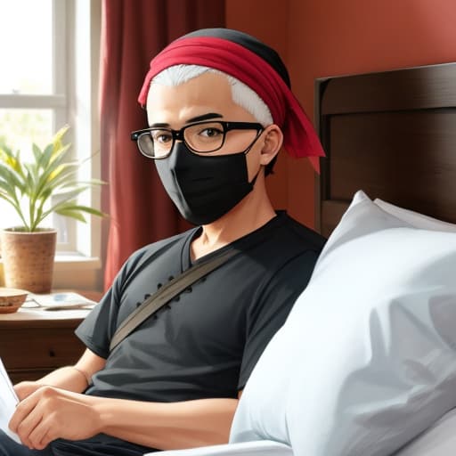  Shaved head, black mask, boyish, wearing pirate bandana, summer, getting out of bed, wearing small glasses, pop.