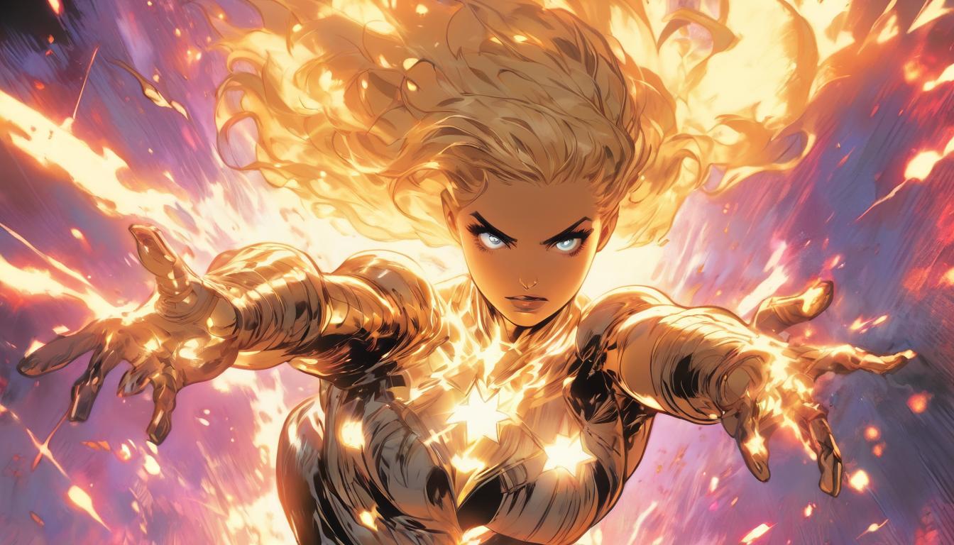  hyperrealism,fantasy aesthetic1woman, large busted attractive blonde arian female humanoid, hands outstretched sending ripples of energy, starry cosmos backdrop, intense focus, high tech clothing clad in sleek, futuristic costume with metallic accents and form fitting designs, marvel superhero comics style, unreal engine rendering