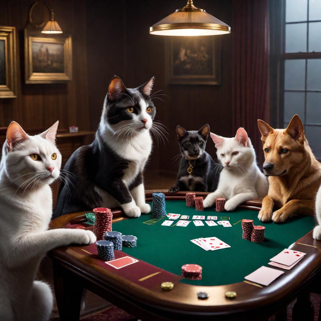  A cat playing poker with three dogs at a table. The cat has a winning hand and is looking smug and confident, while the dogs look surprised and impressed. The setting is a dimly lit, cozy room with cards and chips scattered around the table. The atmosphere is tense and suspenseful. hyperrealistic, full body, detailed clothing, highly detailed, cinematic lighting, stunningly beautiful, intricate, sharp focus, f/1. 8, 85mm, (centered image composition), (professionally color graded), ((bright soft diffused light)), volumetric fog, trending on instagram, trending on tumblr, HDR 4K, 8K