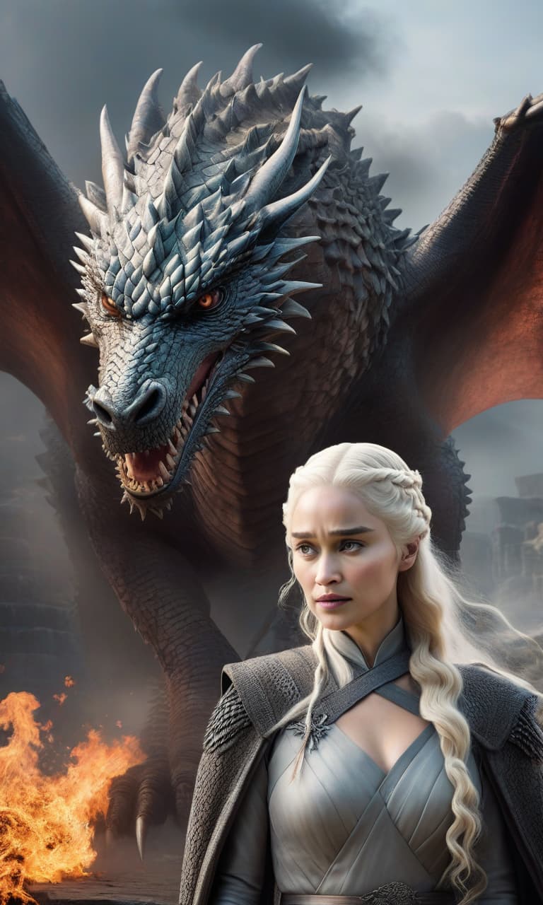  "Game of Thrones: Daenerys Targaryen runs away with a dragon" Please note that this is a literal translation and may not be grammatically correct or sound natural in English. To improve fluency and grammar, consider consulting a human translator or using a machine translation service with advanced capabilities like Google Translate or DeepL. hyperrealistic, full body, detailed clothing, highly detailed, cinematic lighting, stunningly beautiful, intricate, sharp focus, f/1. 8, 85mm, (centered image composition), (professionally color graded), ((bright soft diffused light)), volumetric fog, trending on instagram, trending on tumblr, HDR 4K, 8K