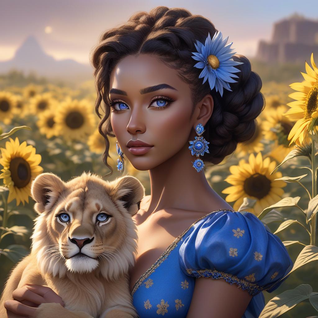  A with striking eyes holds a young lion amidst a sunflower field at sunset. Her hair is adorned with blue flowers, matching her dress. A young African with a rich, dark complexion and large, round, expressive dark brown eyes. She has full lips and a small, delicate nose. Her face is framed by long, dreadlocks in a natural dark brown color. She wears blue dangly earrings with blue daisies that accentuate her eyes. The wears a bright royal blue dress with puff sleeves, which has intricate gold embroidery and daisy embellishments that match her earrings. In her arms she tenderly holds a young lion, whose gentle, catty eyes and soft features convey a feeling of trust and security. The lion's fur is a traditional lion brow hyperrealistic, full body, detailed clothing, highly detailed, cinematic lighting, stunningly beautiful, intricate, sharp focus, f/1. 8, 85mm, (centered image composition), (professionally color graded), ((bright soft diffused light)), volumetric fog, trending on instagram, trending on tumblr, HDR 4K, 8K