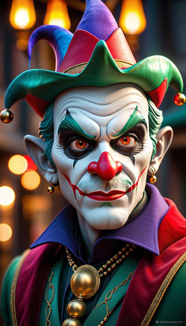  Professional 3D model of a sinister jester in a dark carnival. Dark, mysterious, scary, haunting, dramatic, ornate, detailed. . Rendered with Octane, the model is highly detailed,dramatic lighting. hyperrealistic, full body, detailed clothing, highly detailed, cinematic lighting, stunningly beautiful, intricate, sharp focus, f/1. 8, 85mm, (centered image composition), (professionally color graded), ((bright soft diffused light)), volumetric fog, trending on instagram, trending on tumblr, HDR 4K, 8K