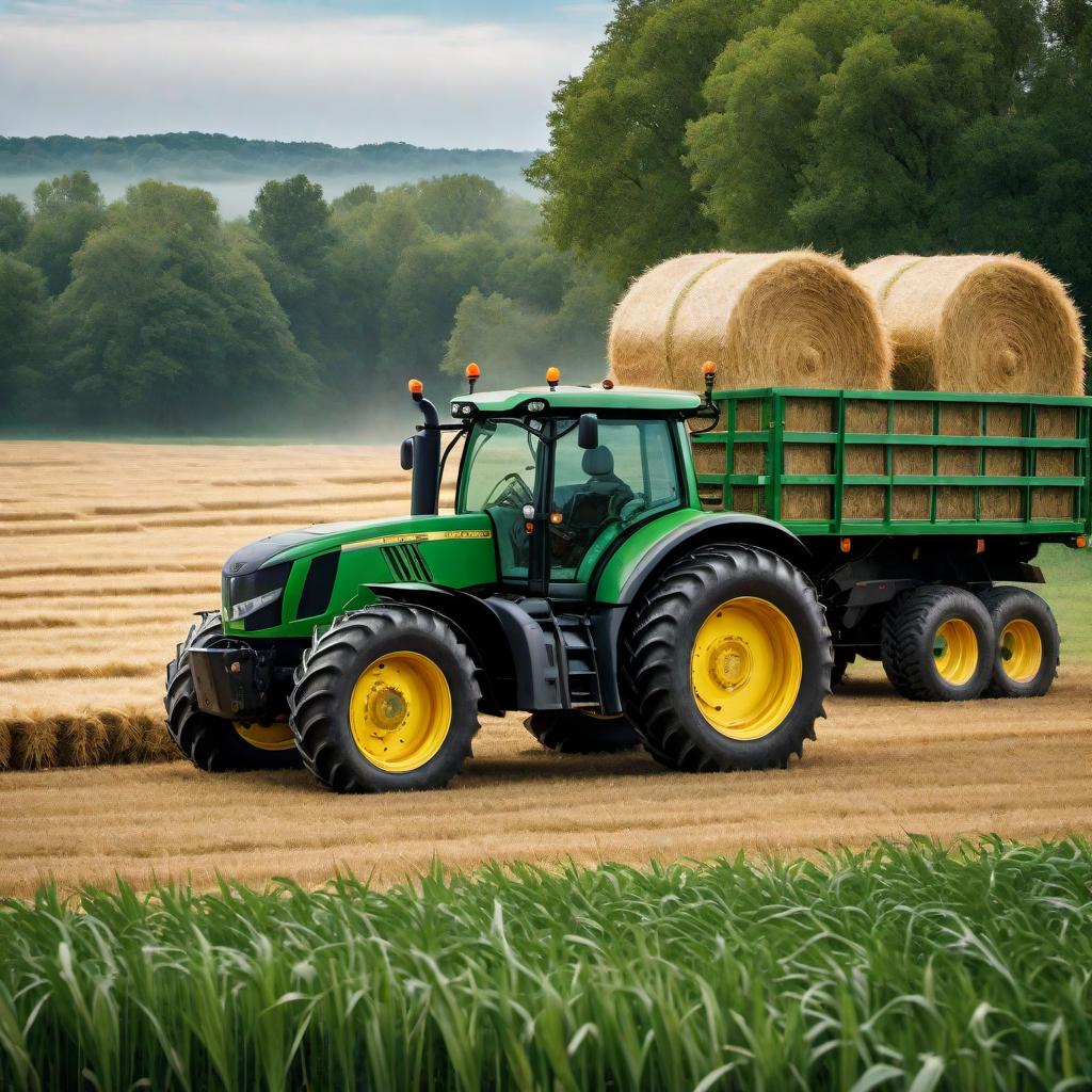  A supersized green tractor with extra large wheels pulling a big trailer filled with hay in an expansive field. The scene should show the tractor in action, with large wheels navigating the field effortlessly. The golden hay should contrast against the lush greenery of the surrounding farmland. Additionally, include a clear blue sky to provide a perfect backdrop for this snapshot of rural farming life. hyperrealistic, full body, detailed clothing, highly detailed, cinematic lighting, stunningly beautiful, intricate, sharp focus, f/1. 8, 85mm, (centered image composition), (professionally color graded), ((bright soft diffused light)), volumetric fog, trending on instagram, trending on tumblr, HDR 4K, 8K