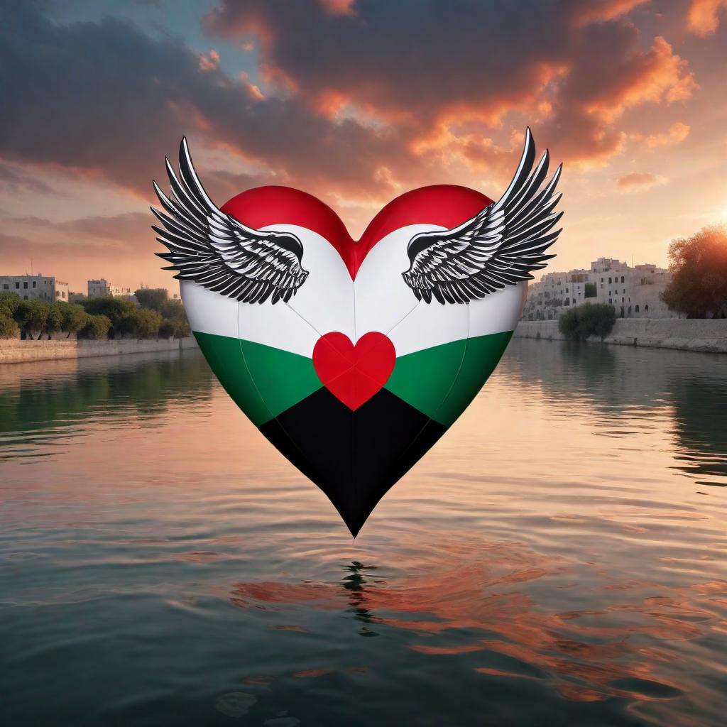  An illustration showing a heart with wings waving the Palestine flag over a river or sea. The heart is decorated with the colors of the Palestine flag: black, white, green, and red. The wings should appear dynamic, fluttering as if they are flying above the water. The reflection of the heart and wings should be visible on the water’s surface. The overall image should convey emotions of love, unity, freedom, and support. hyperrealistic, full body, detailed clothing, highly detailed, cinematic lighting, stunningly beautiful, intricate, sharp focus, f/1. 8, 85mm, (centered image composition), (professionally color graded), ((bright soft diffused light)), volumetric fog, trending on instagram, trending on tumblr, HDR 4K, 8K