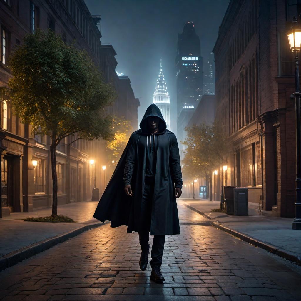  A hooded courier dressed in dark attire, delivering packages and sensitive documents under the cloak of night. The courier moves stealthily through a quiet cityscape, illuminated by dim streetlights. The atmosphere should convey security, reliability, and utmost discretion, with an emphasis on secrecy and trustworthiness of the service. hyperrealistic, full body, detailed clothing, highly detailed, cinematic lighting, stunningly beautiful, intricate, sharp focus, f/1. 8, 85mm, (centered image composition), (professionally color graded), ((bright soft diffused light)), volumetric fog, trending on instagram, trending on tumblr, HDR 4K, 8K