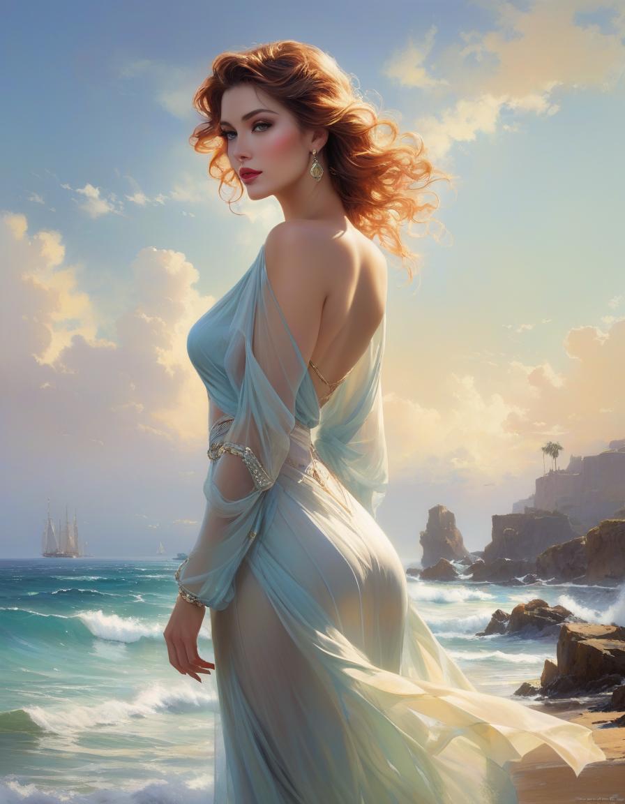  concept art Beautiful Woman, her colors are soft, feminine, stunning and strong, like the ocean behind her, by Pino Daeni, Mark Brooks . digital artwork, illustrative, painterly, matte painting, highly detailed hyperrealistic, full body, detailed clothing, highly detailed, cinematic lighting, stunningly beautiful, intricate, sharp focus, f/1. 8, 85mm, (centered image composition), (professionally color graded), ((bright soft diffused light)), volumetric fog, trending on instagram, trending on tumblr, HDR 4K, 8K