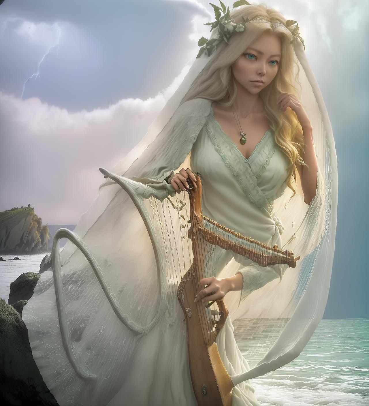  breathtaking (((lyre strings stringed harp lightening thunder oceanside rock boulder storm salt robe bikini long blond hair nymph singing roaring wind driftwood wreak star veil soft focus sharp hands green eyes collarbone neck ))) . award winning, professional, highly detailed