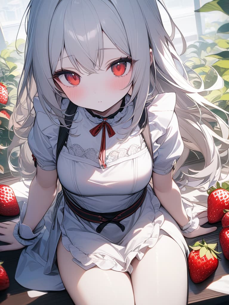  Cute, girl, white skin, fluffy hair, fruit, white hair, red eyes, young face, long hair, thin body, thin body, strawberry, white clothes, frill apron, masterpiece, best quality,8k,ultra detailed,high resolution,an extremely delicate and beautiful,hyper detail