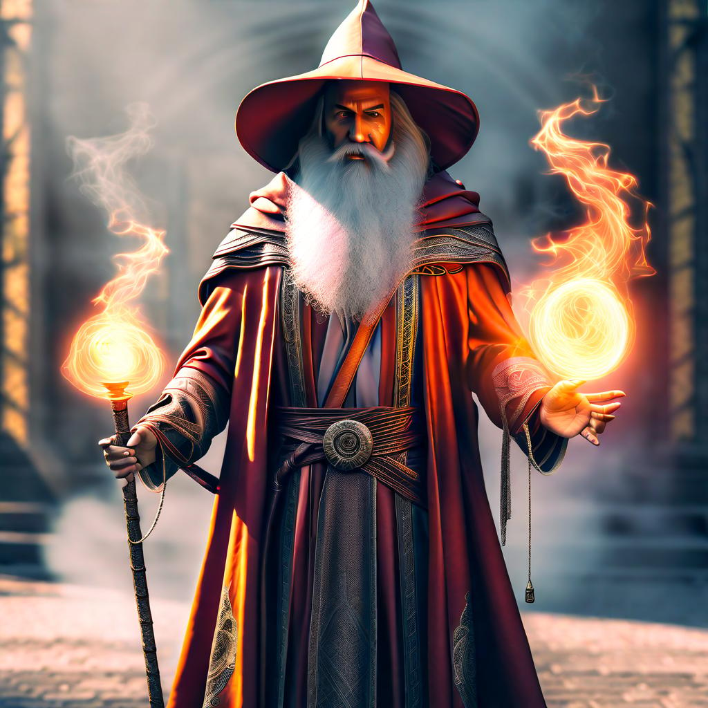  A very cool fire wizard hyperrealistic, full body, detailed clothing, highly detailed, cinematic lighting, stunningly beautiful, intricate, sharp focus, f/1. 8, 85mm, (centered image composition), (professionally color graded), ((bright soft diffused light)), volumetric fog, trending on instagram, trending on tumblr, HDR 4K, 8K