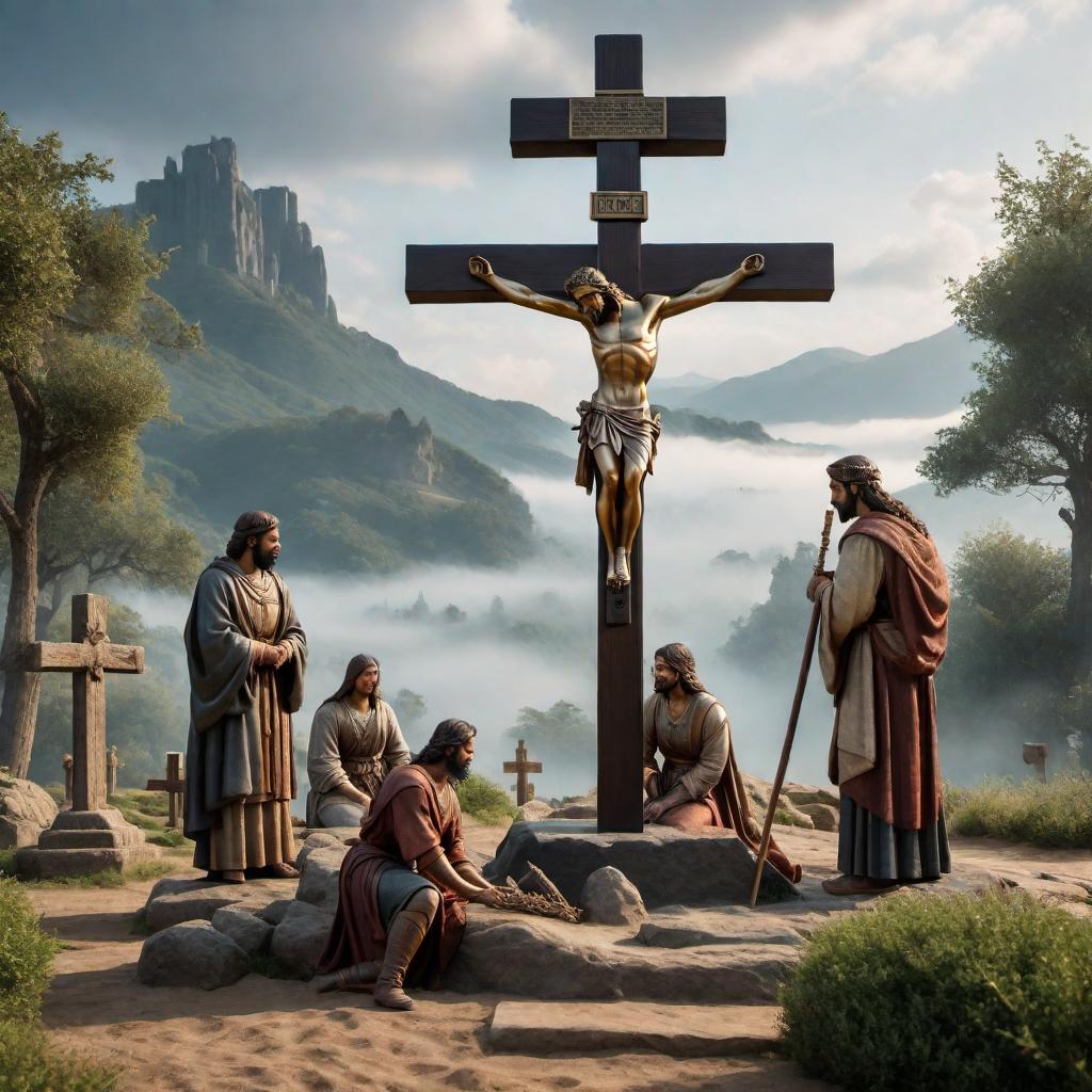  A 3D image of kids playing at the foot of the cross, depicting a peaceful and serene scene. hyperrealistic, full body, detailed clothing, highly detailed, cinematic lighting, stunningly beautiful, intricate, sharp focus, f/1. 8, 85mm, (centered image composition), (professionally color graded), ((bright soft diffused light)), volumetric fog, trending on instagram, trending on tumblr, HDR 4K, 8K