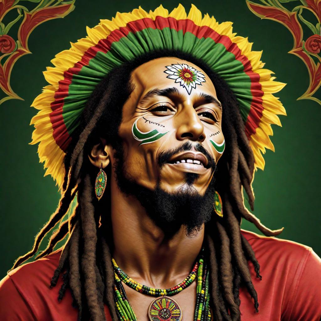  A highly realistic artwork of Bob Marley depicted as a sugar skull, using Jamaican colors (reds, greens, and yellows). Capture his iconic persona and facial features in the style of a sugar skull, with detailed decorations and elements that reflect his connection to Jamaica and Rastafarian culture. hyperrealistic, full body, detailed clothing, highly detailed, cinematic lighting, stunningly beautiful, intricate, sharp focus, f/1. 8, 85mm, (centered image composition), (professionally color graded), ((bright soft diffused light)), volumetric fog, trending on instagram, trending on tumblr, HDR 4K, 8K