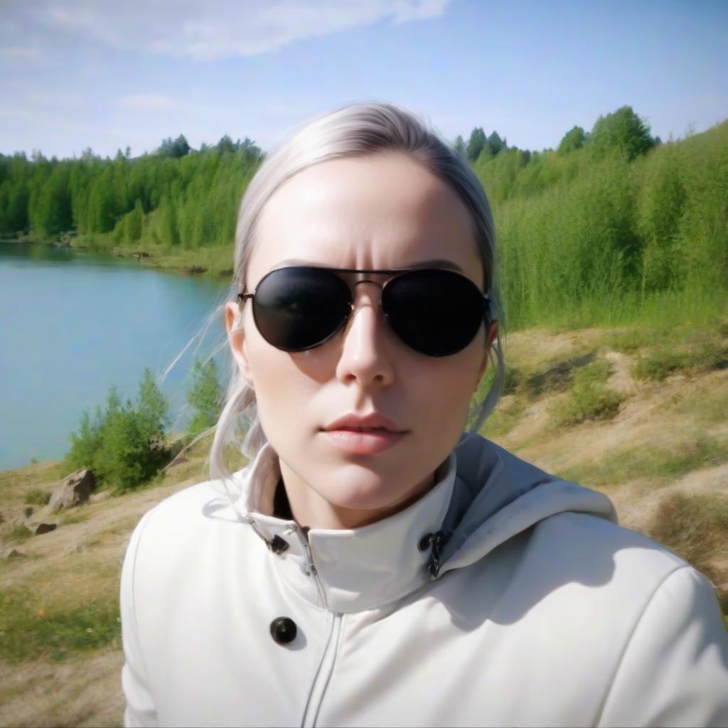  dark hair, sunny glasses, zippered beige jacket, lake, nature hyperrealistic, full body, detailed clothing, highly detailed, cinematic lighting, stunningly beautiful, intricate, sharp focus, f/1. 8, 85mm, (centered image composition), (professionally color graded), ((bright soft diffused light)), volumetric fog, trending on instagram, trending on tumblr, HDR 4K, 8K