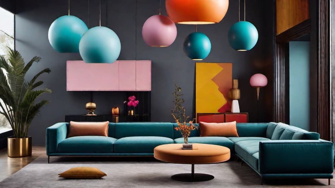  Illustrate an 80s retro home interior with statement lighting fixtures that exude drama and flair. The design should feature bold colors, geometric patterns, and retro furniture typical of the 80s era. Include striking lighting fixtures like oversized geometric pendant lights or neon tube lamps that create a visually dynamic and impactful atmosphere. The overall aesthetic should reflect the nostalgia of 80s interior design trends, characterized by maximalism and bold choices. hyperrealistic, full body, detailed clothing, highly detailed, cinematic lighting, stunningly beautiful, intricate, sharp focus, f/1. 8, 85mm, (centered image composition), (professionally color graded), ((bright soft diffused light)), volumetric fog, trending on instagram, trending on tumblr, HDR 4K, 8K