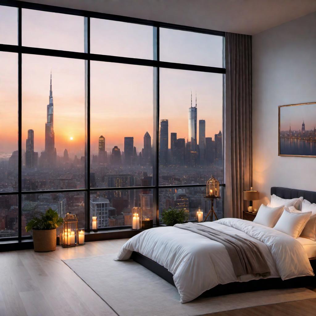  A cozy bedroom scene with a view of a city skyline at night through large windows. The bed has a ruffled duvet, looking soft and comfortable. There are candles placed on the floor, creating a warm and romantic atmosphere. The glow from the city buildings outside suggests an urban environment, adding to the peaceful setting for relaxation or sleep. hyperrealistic, full body, detailed clothing, highly detailed, cinematic lighting, stunningly beautiful, intricate, sharp focus, f/1. 8, 85mm, (centered image composition), (professionally color graded), ((bright soft diffused light)), volumetric fog, trending on instagram, trending on tumblr, HDR 4K, 8K