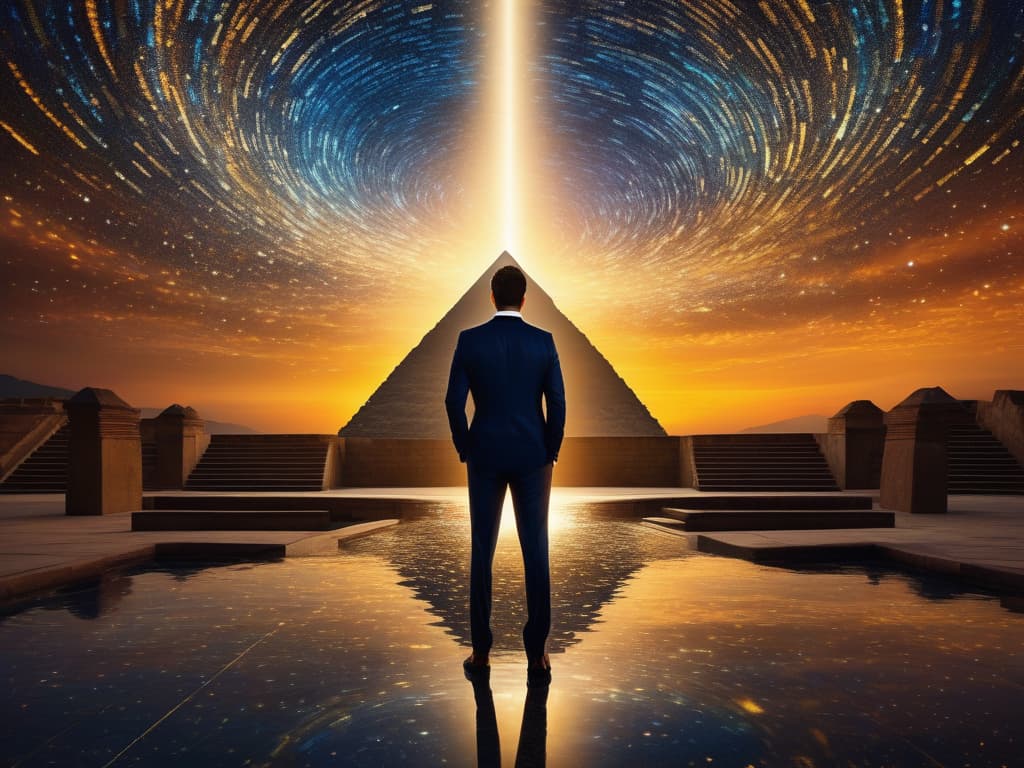  A magnificent scene featuring two majestic pyramids standing tall, with bright pillars of light shining from the top of the largest pyramid. The light beams extend straight upwards into the sky, illuminating a constellation of colorful swirls reminiscent of Van Gogh's "Starry Night" painting. The person in the image should be wearing a formal suit with a white shirt, tie, and black dress pants. The atmosphere is filled with a flamboyant golden sunrise casting dramatic and mesmerizing lighting. The composition is epic, wide angle, and cinematic, capturing intricate details with high resolution and sharp quality. The attire of the person in the image is well suited for a professional setting, evident by the tailored suit and formal attire. Th