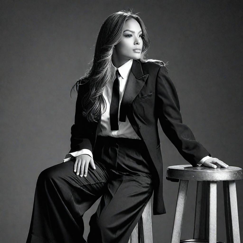  black and white photo, portrait, %GENDER% %AGERANGE% with long wavy straight hair posing sitting on a high bar stool with torso turned to the left and legs in a thinking position, looking at the camera, dressed in a large black jacket and wide leg black palazzo pants like a tuxedo, gray background