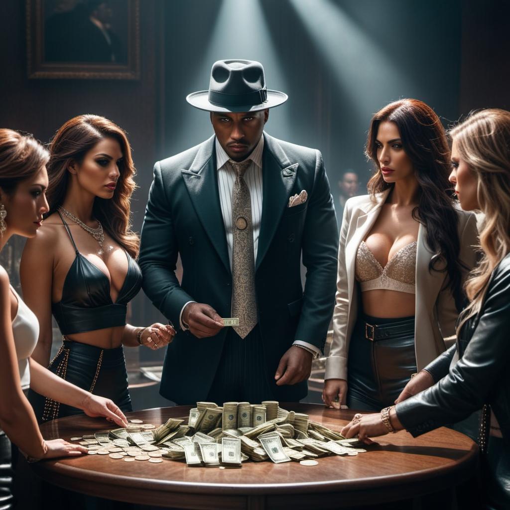  A gangster counting money surrounded by women hyperrealistic, full body, detailed clothing, highly detailed, cinematic lighting, stunningly beautiful, intricate, sharp focus, f/1. 8, 85mm, (centered image composition), (professionally color graded), ((bright soft diffused light)), volumetric fog, trending on instagram, trending on tumblr, HDR 4K, 8K