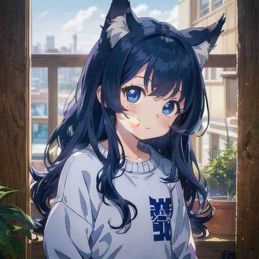  master piece , best quality,anime, girl, detailed, dark blue hair, wolf ears, long wavy hair, bangs hiding one eye, baggy knitted sweater,sky blue eyes, child like