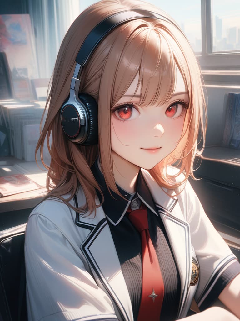  1girl,18yo,gold hair,side tail hair,red eyes,headphone,summer school uniform,light smile,realistic, masterpiece, best quality,8k,ultra detailed,high resolution,an extremely delicate and beautiful,hyper detail