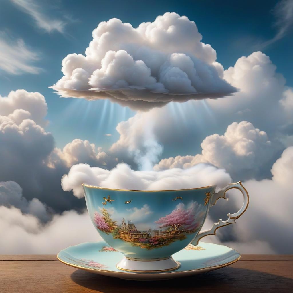  Surrealistic clouds fall into a teacup. hyperrealistic, full body, detailed clothing, highly detailed, cinematic lighting, stunningly beautiful, intricate, sharp focus, f/1. 8, 85mm, (centered image composition), (professionally color graded), ((bright soft diffused light)), volumetric fog, trending on instagram, trending on tumblr, HDR 4K, 8K