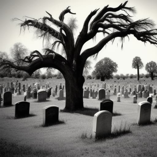  Old west style graveyard with a large dead tree in the background.