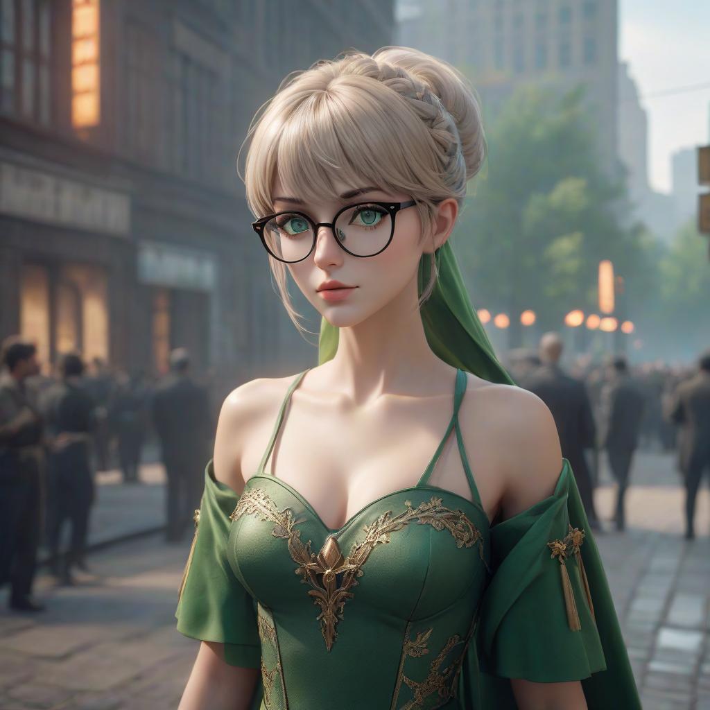  The goddess of justice and order and rigor. Strict tall woman. Short light hair with bangs, green eyes, glasses. Skinny body. hyperrealistic, full body, detailed clothing, highly detailed, cinematic lighting, stunningly beautiful, intricate, sharp focus, f/1. 8, 85mm, (centered image composition), (professionally color graded), ((bright soft diffused light)), volumetric fog, trending on instagram, trending on tumblr, HDR 4K, 8K