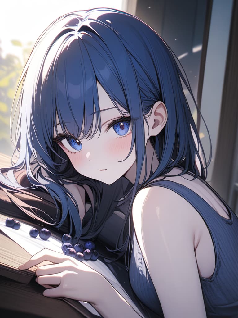  Cute, girl, long hair, thin body, white skin, blue hair, blue eyes, large eyes, short bob, blueberry, blueberry, tank top, masterpiece, best quality,8k,ultra detailed,high resolution,an extremely delicate and beautiful,hyper detail