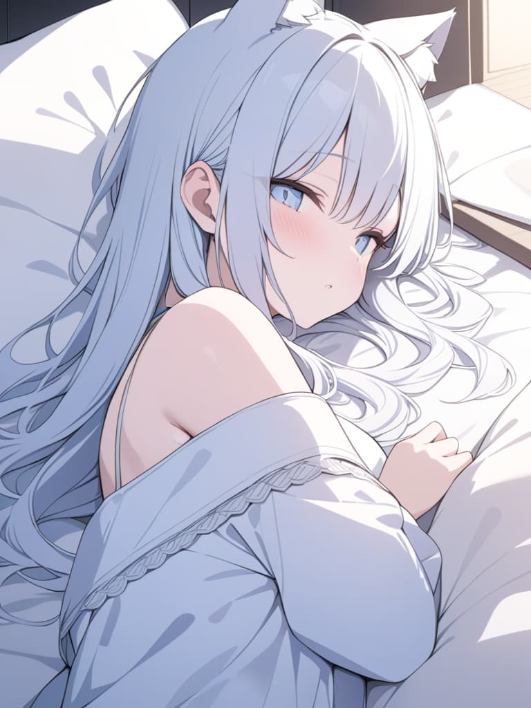  White long hair, cat ears, light blue eyes, girls, night, bed, sleeping, cute, masterpiece, best quality,8k,ultra detailed,high resolution,an extremely delicate and beautiful,hyper detail