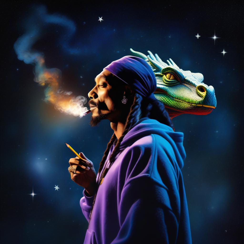  ((pencil drawing)), Famous artist Snoop Dogg walking his pet dragon while smoking a large amount of Marijuana. theme 420 fest, background Starry Night, ultra detailed, hyper focus, unreal engine, masterpiece, high rez,, high quality, highly detailed, 4K, 8K