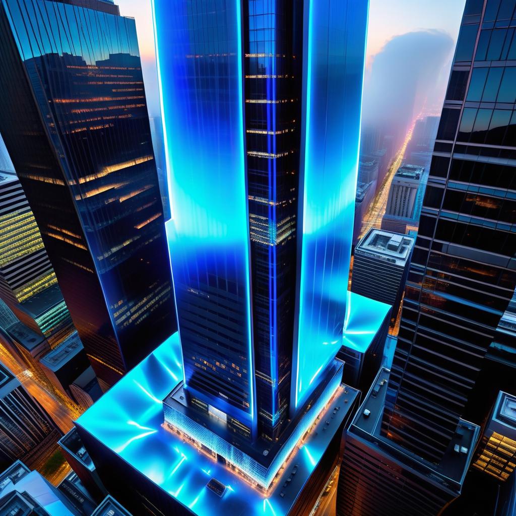  A hologram of a skyscraper, its edges glow with blue neon, viewed from above. hyperrealistic, full body, detailed clothing, highly detailed, cinematic lighting, stunningly beautiful, intricate, sharp focus, f/1. 8, 85mm, (centered image composition), (professionally color graded), ((bright soft diffused light)), volumetric fog, trending on instagram, trending on tumblr, HDR 4K, 8K