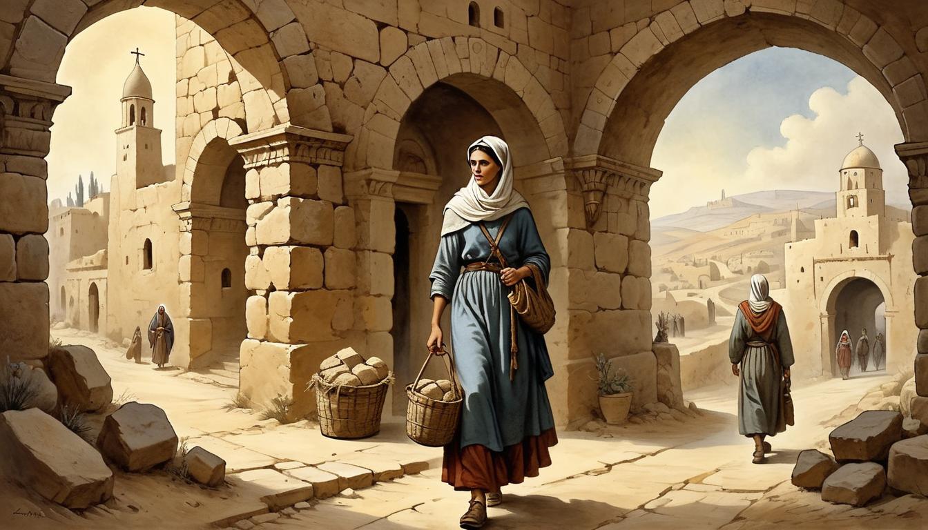  on parchment, surrealism+++, Ruth, with Naomi, entering the gates of Bethlehem, rustic ancient cityscape, stone archways, Ruth carrying a modest bundle, determination on their faces, sense of purpose, old world charm, welcoming light in the distance(mysterious, provocative, symbolic,muted color)+++