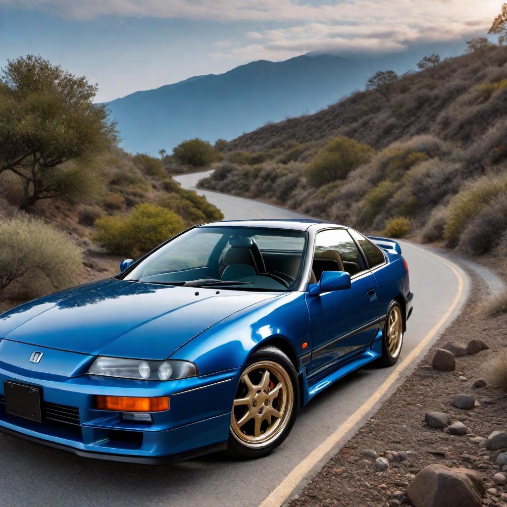  1993 blue Honda Prelude VTEC in pristine blue color with classic design elements from the early 1990s. The car should feature its original VTEC badging and iconic wheels. The setting is an open road with a scenic background, highlighting the car's sleek and sporty design. hyperrealistic, full body, detailed clothing, highly detailed, cinematic lighting, stunningly beautiful, intricate, sharp focus, f/1. 8, 85mm, (centered image composition), (professionally color graded), ((bright soft diffused light)), volumetric fog, trending on instagram, trending on tumblr, HDR 4K, 8K