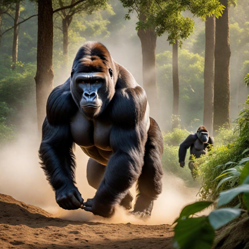  A powerful bull with a strong gorilla riding on its back. The scene should look dynamic, emphasizing the strength and intensity of both animals. The background should be a natural setting, like a forest or a grassy plain. hyperrealistic, full body, detailed clothing, highly detailed, cinematic lighting, stunningly beautiful, intricate, sharp focus, f/1. 8, 85mm, (centered image composition), (professionally color graded), ((bright soft diffused light)), volumetric fog, trending on instagram, trending on tumblr, HDR 4K, 8K