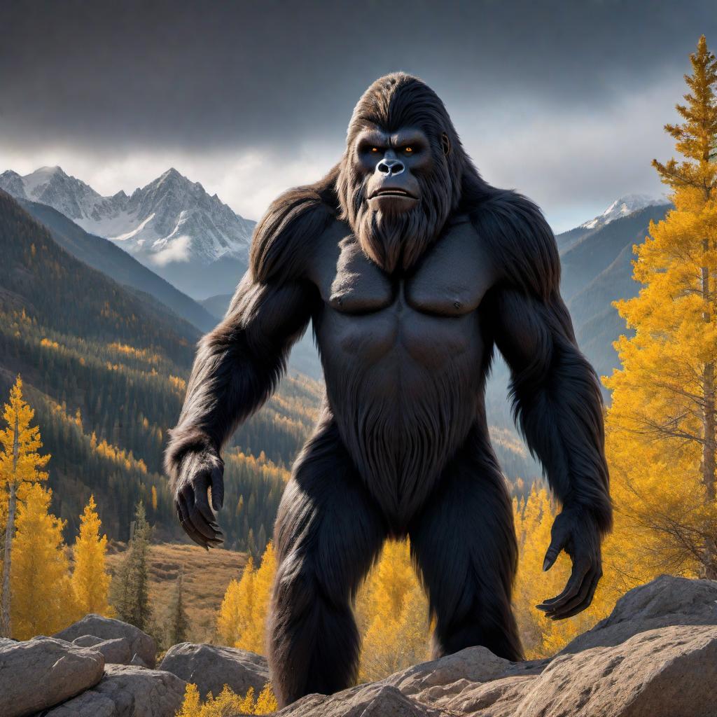  A scary-looking Bigfoot-type creature that is 9 feet tall, weighing 1300 pounds, with an all-black fur coat and yellow eyes. The creature has extremely large hands and stands in a rugged mountainous landscape. Add more hair to its chest to enhance its intimidating appearance. hyperrealistic, full body, detailed clothing, highly detailed, cinematic lighting, stunningly beautiful, intricate, sharp focus, f/1. 8, 85mm, (centered image composition), (professionally color graded), ((bright soft diffused light)), volumetric fog, trending on instagram, trending on tumblr, HDR 4K, 8K