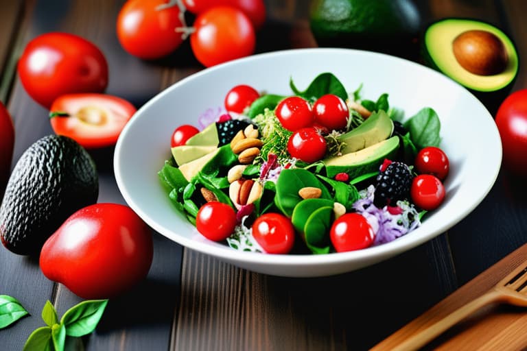  "Create a realistic, detailed close up image of a fresh, vibrant salad bowl filled with artery cleansing foods like avocados, berries, leafy greens, nuts, and olive oil. The background should be a simple, clean kitchen countertop with soft natural lighting to keep the focus on the salad. Use high quality, photorealistic style modifiers to enhance the freshness and appeal of the ingredients. Ensure the colors are vivid and the textures are clear to emphasize the health benefits. Avoid any distractions or additional elements that could take away from the main focus of the image."Ensure no face,leg,hand or eye defomities.Ensure all images are clear, detailed, contains no text and no deformities. realistic, highly detailed, photorealistic, cine hyperrealistic, full body, detailed clothing, highly detailed, cinematic lighting, stunningly beautiful, intricate, sharp focus, f/1. 8, 85mm, (centered image composition), (professionally color graded), ((bright soft diffused light)), volumetric fog, trending on instagram, trending on tumblr, HDR 4K, 8K