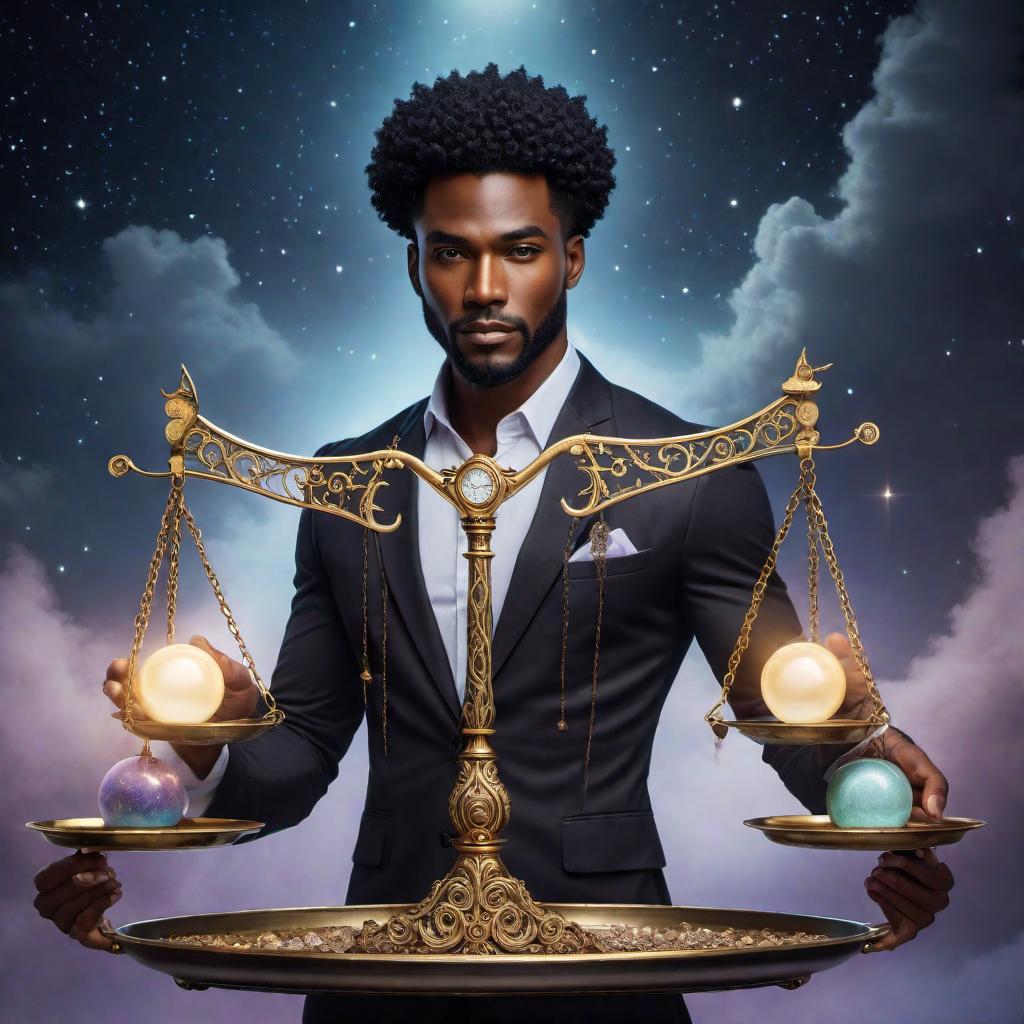  Enchanting black male holding a scale as a symbol of balance in the sign of Libra zodiac, lofi fantasy style. The character should have a harmonious and balanced appearance, with soft, dreamy, and relaxed lofi elements. Include celestial or cosmic background details to create an enchanting atmosphere. hyperrealistic, full body, detailed clothing, highly detailed, cinematic lighting, stunningly beautiful, intricate, sharp focus, f/1. 8, 85mm, (centered image composition), (professionally color graded), ((bright soft diffused light)), volumetric fog, trending on instagram, trending on tumblr, HDR 4K, 8K